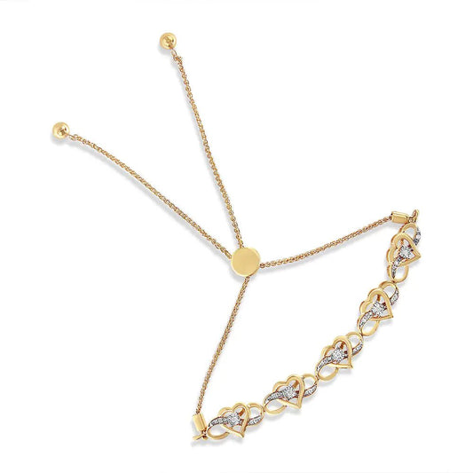 14K Yellow Gold Plated .925 Sterling Silver 1/10 Cttw Diamond Infinity Heart Shaped 4” - 10” Adjustable Bolo Bracelet (H - I Color, I2 - I3 Clarity) - Jaazi Intl