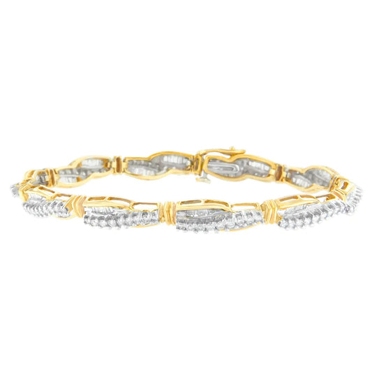 14K Yellow Gold Round and Baguette Cut Winding Love Diamond Bracelet (3.00 cttw, H - I Color, SI1 - SI2 Clarity) - Jaazi Intl