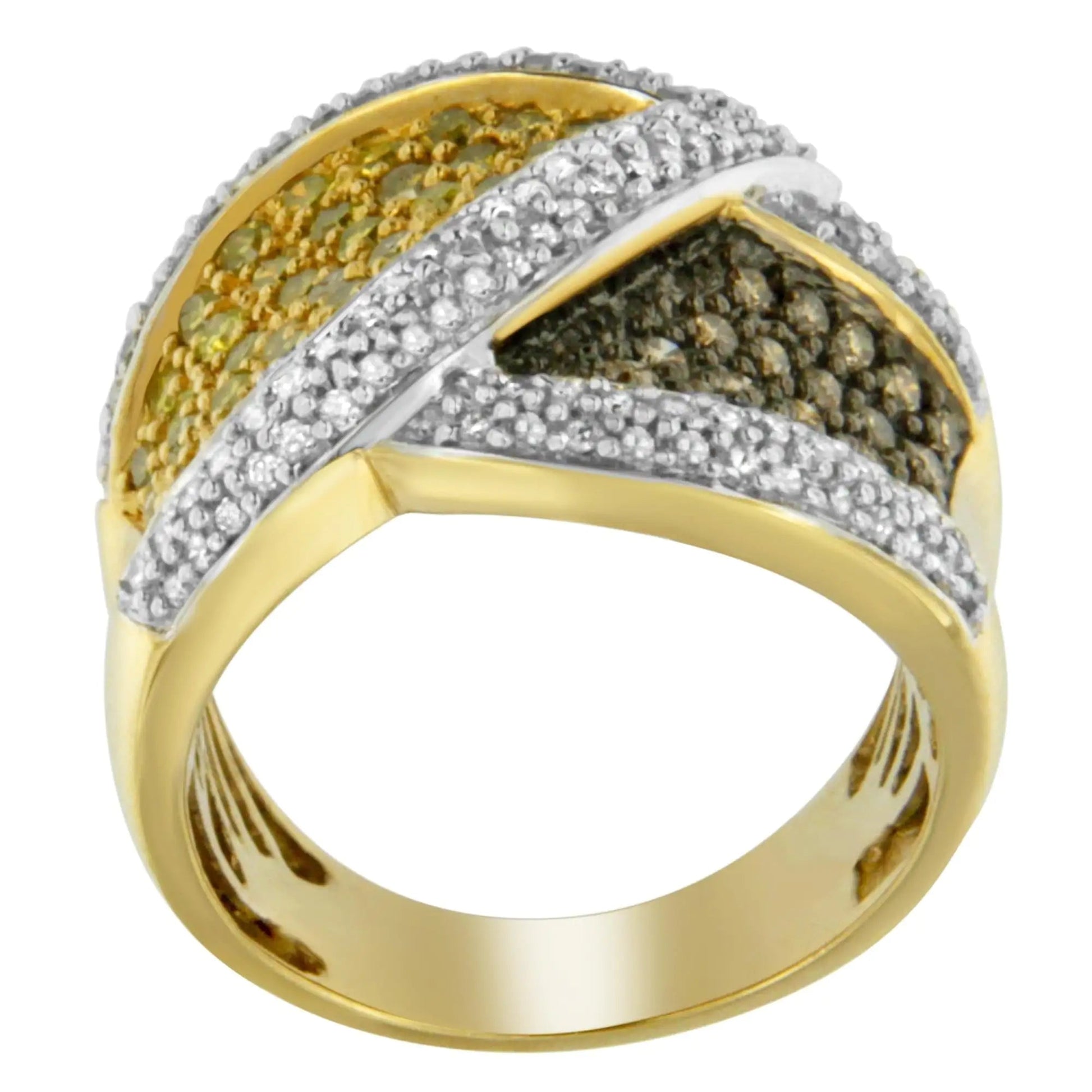 14K Yellow Gold Yellow, White, and Champagne Round - Cut Diamond Cross - over Ring (1 1/2 cttw, H - I Color, I1 - I2 Clarity) - Jaazi Intl