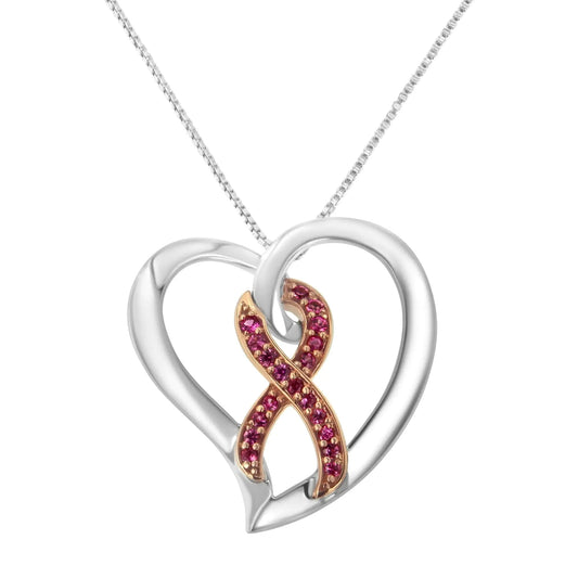 14KT Rose Gold and Sterling Silver Heart Pendant Necklace with Created Pink Sapphires - Jaazi Intl