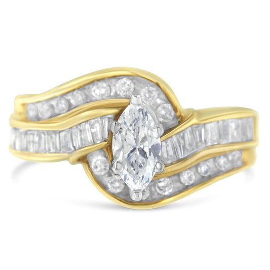 14KT Two - Toned Gold Marquise, Baguette and Round Cut Diamond Bypass Ring (1 cttw, H - I Color, SI1 - SI2 Clarity) () - Jaazi Intl