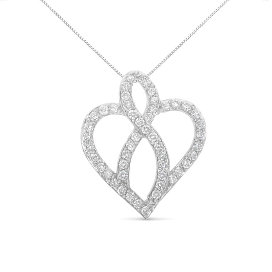 14KT White Gold 1 cttw Diamond Heart Ribbon Pendant Necklace (H - I, I1 - I2) - Jaazi Intl