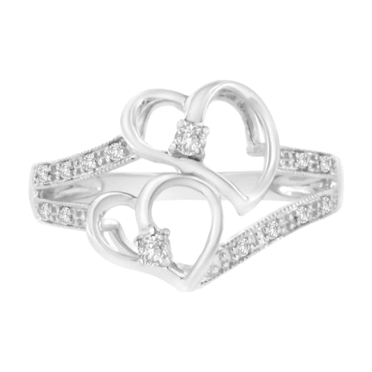 14KT White Gold 1/10 cttw Diamond Twin Heart Ring - Jaazi Intl