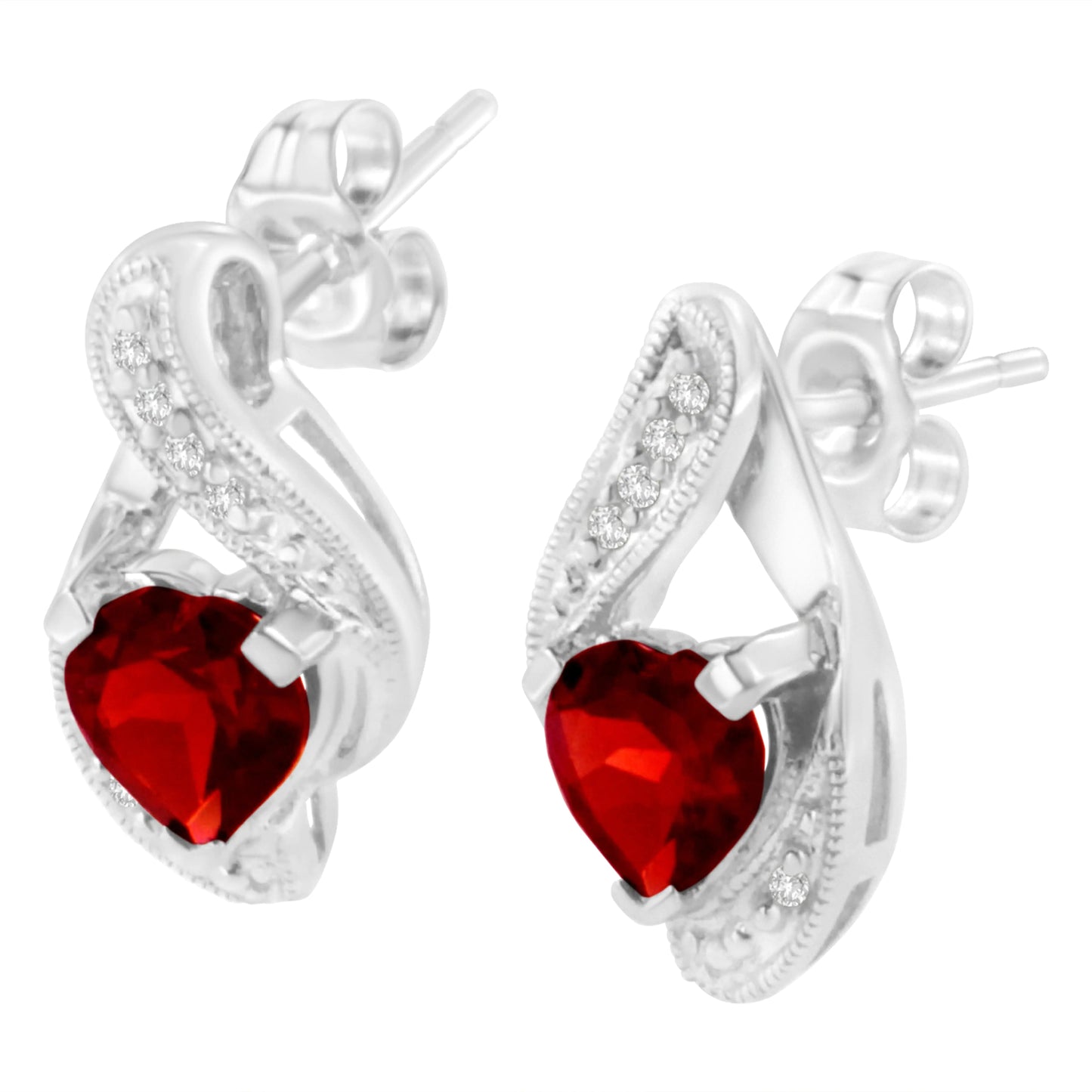 14KT White Gold 6x6mm Created Red Heart Garnet and Diamond Accent Earrings (I - J, I1 - I2) - Jaazi Intl