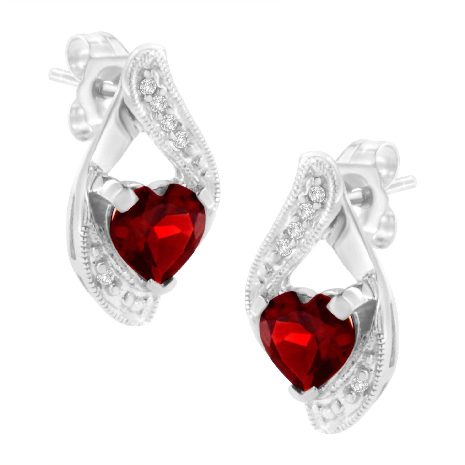 14KT White Gold 6x6mm Created Red Heart Garnet and Diamond Accent Earrings (I - J, I1 - I2) - Jaazi Intl