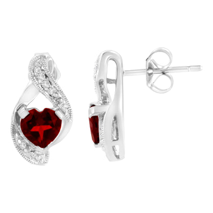 14KT White Gold 6x6mm Created Red Heart Garnet and Diamond Accent Earrings (I - J, I1 - I2) - Jaazi Intl