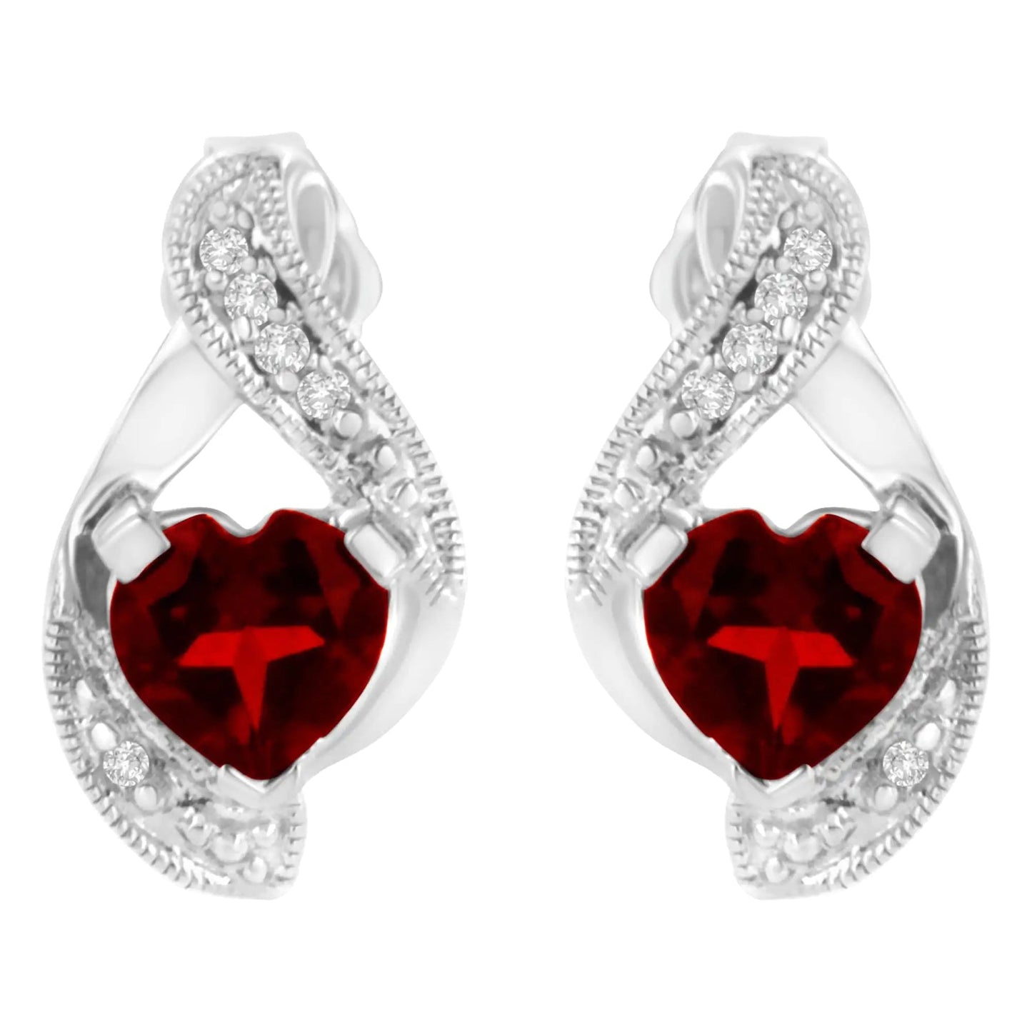 14KT White Gold 6x6mm Created Red Heart Garnet and Diamond Accent Earrings (I - J, I1 - I2) - Jaazi Intl