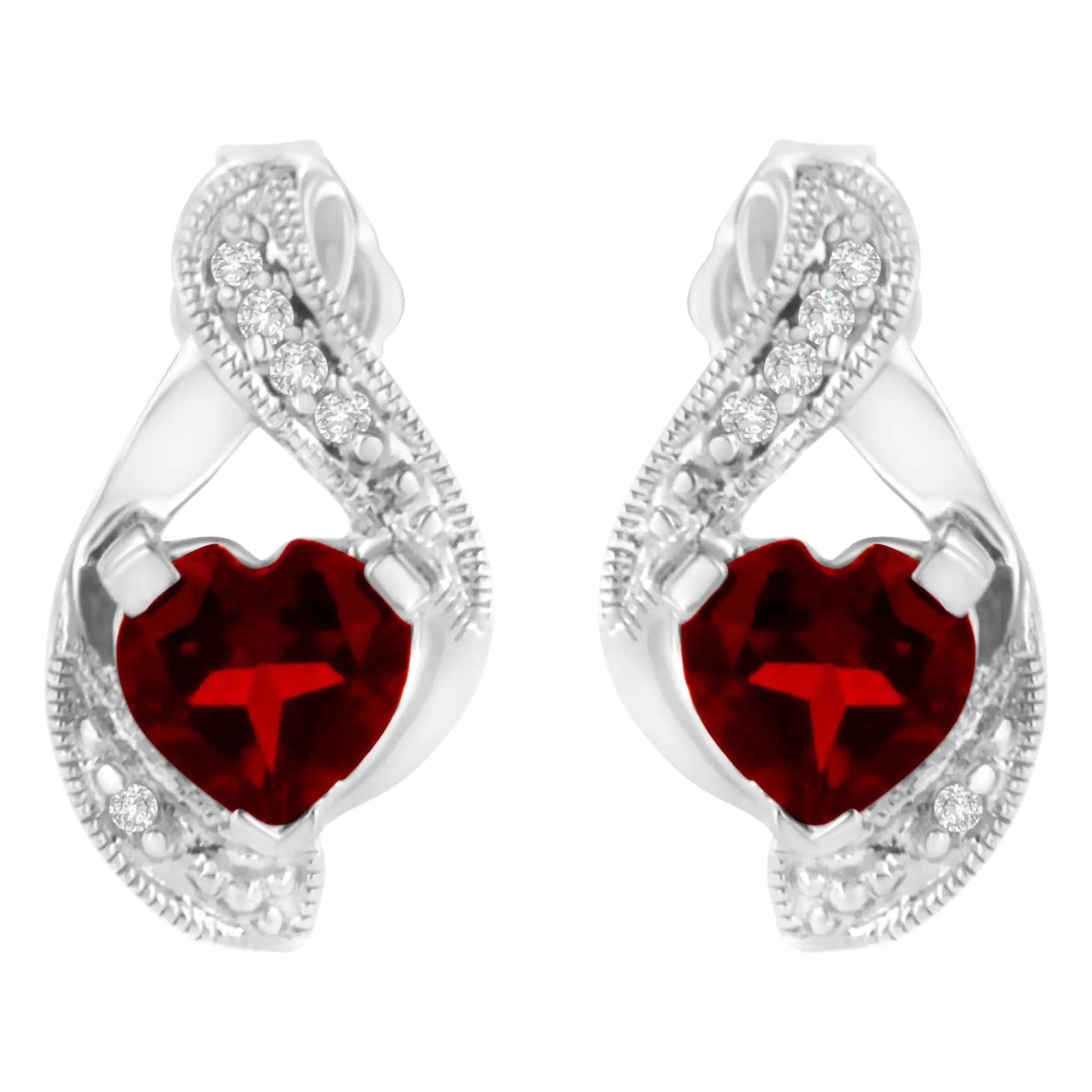 14KT White Gold 6x6mm Created Red Heart Garnet and Diamond Accent Earrings (I - J, I1 - I2) - Jaazi Intl