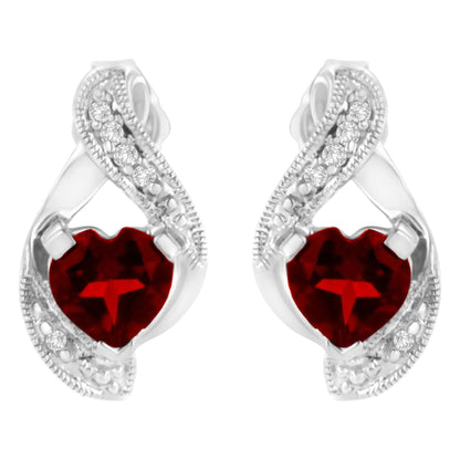 14KT White Gold 6x6mm Created Red Heart Garnet and Diamond Accent Earrings (I - J, I1 - I2) - Jaazi Intl