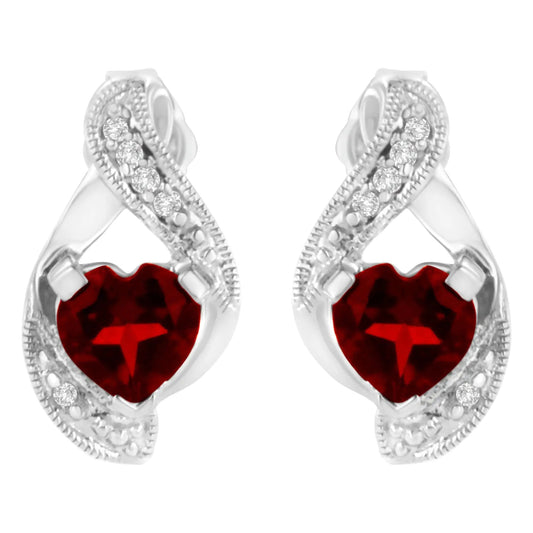 14KT White Gold 6x6mm Created Red Heart Garnet and Diamond Accent Earrings (I - J, I1 - I2) - Jaazi Intl