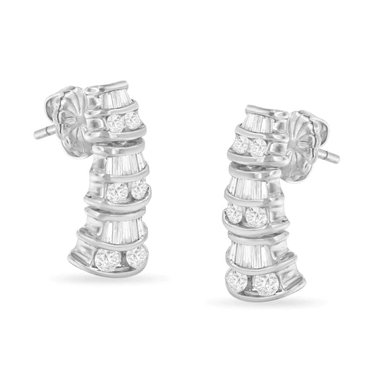 14KT White Gold 7/8 cttw Bagutte & Round Brilliant - Cut Diamond Dangle Multi Row Earrings (H - I, SI2 - I1) - Jaazi Intl