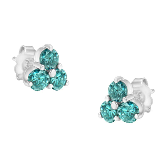 14KT White Gold Treated Blue Diamond Trio Stud Earrings (1 1/3 cttw, Blue) - Jaazi Intl