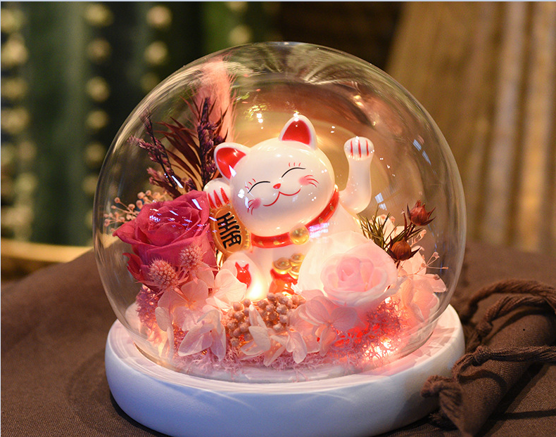 Preserved Flower Rose Preserved Flower Glass Cover Carnation Lucky Cat Decoration