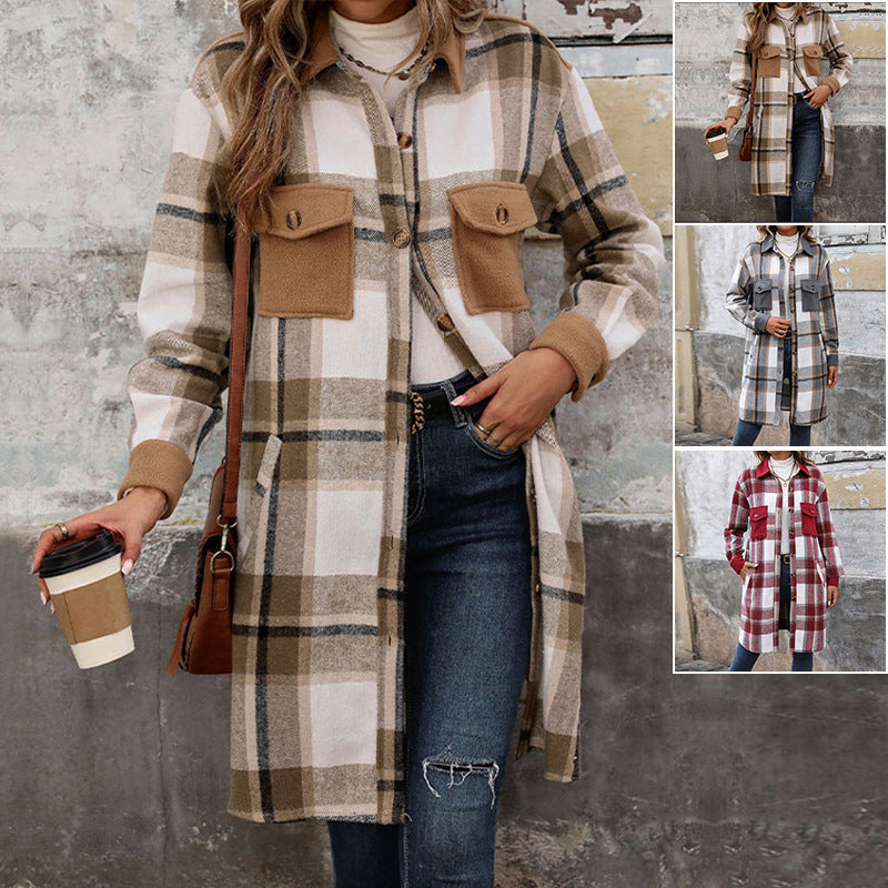 New Brushed Plaid Long Coat With Pockets Fashion Winter Jacket Outwear Women's Clothing