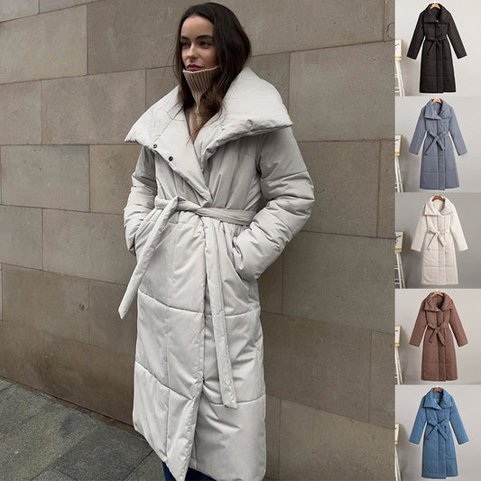 Fashion Large Lapel Long Coat Winter Warm Cotton Jacket With Pockets And Lace-up Design Casual Solid Color Thick Coat For Women Outwear Clothing