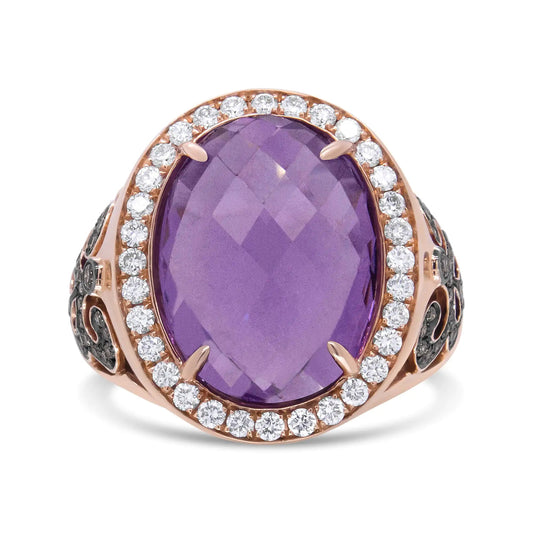 18K Rose Gold 18x13 MM Oval Cut Purplse Amethyst and 1.00 Cttw Diamond Cocktail Ring (Champagne and F - G Color, VS1 - VS2 Clarity) - Jaazi International