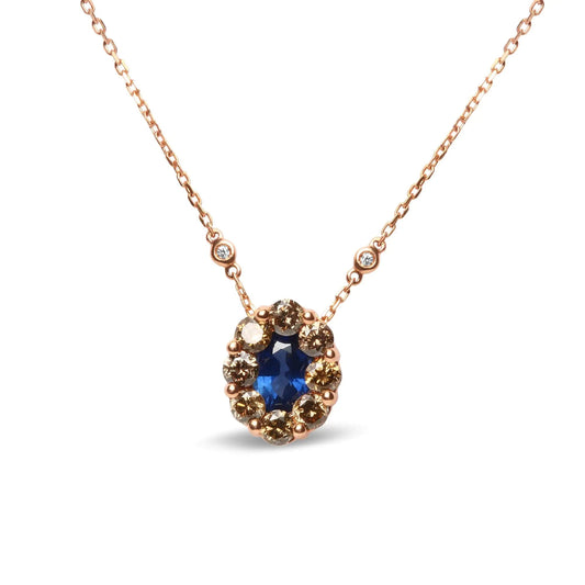 18K Rose Gold 5/8 Cttw White and Brown Diamond Accent and 7 x 4mm Oval Blue Sapphire Gemstone Statement Halo Cluster Pendant Necklace (Brown and G - H Color, SI1 - SI2 Clarity) - Adjustable up to 16" - 18" - Jaazi International