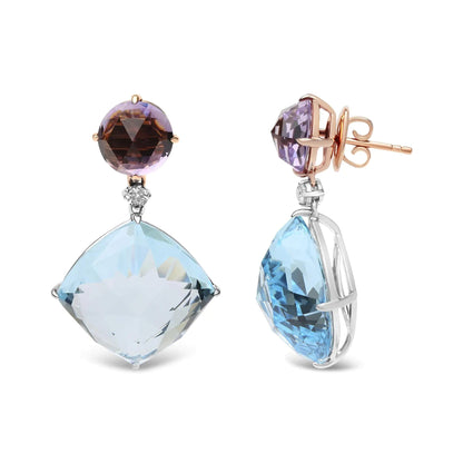 18K White and Rose Gold 1/5 Cttw Diamond with Round Pink Rose De France Amethyst and 25mm Cushion Cut Sky Blue Topaz Gemstone Dangle Earring (G - H Color, SI1 - SI2 Clarity) - Jaazi Intl