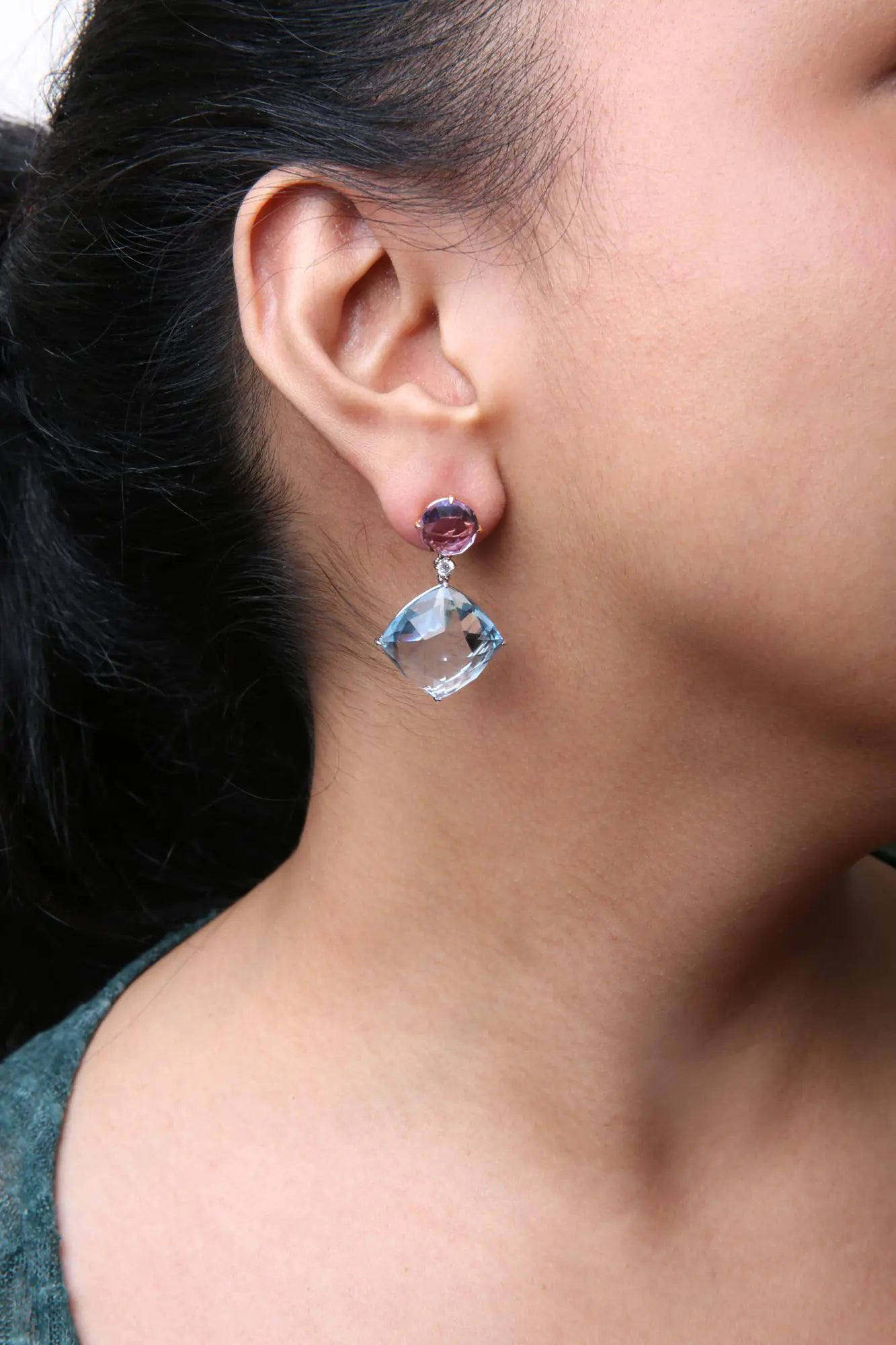 18K White and Rose Gold 1/5 Cttw Diamond with Round Pink Rose De France Amethyst and 25mm Cushion Cut Sky Blue Topaz Gemstone Dangle Earring (G - H Color, SI1 - SI2 Clarity) - Jaazi Intl