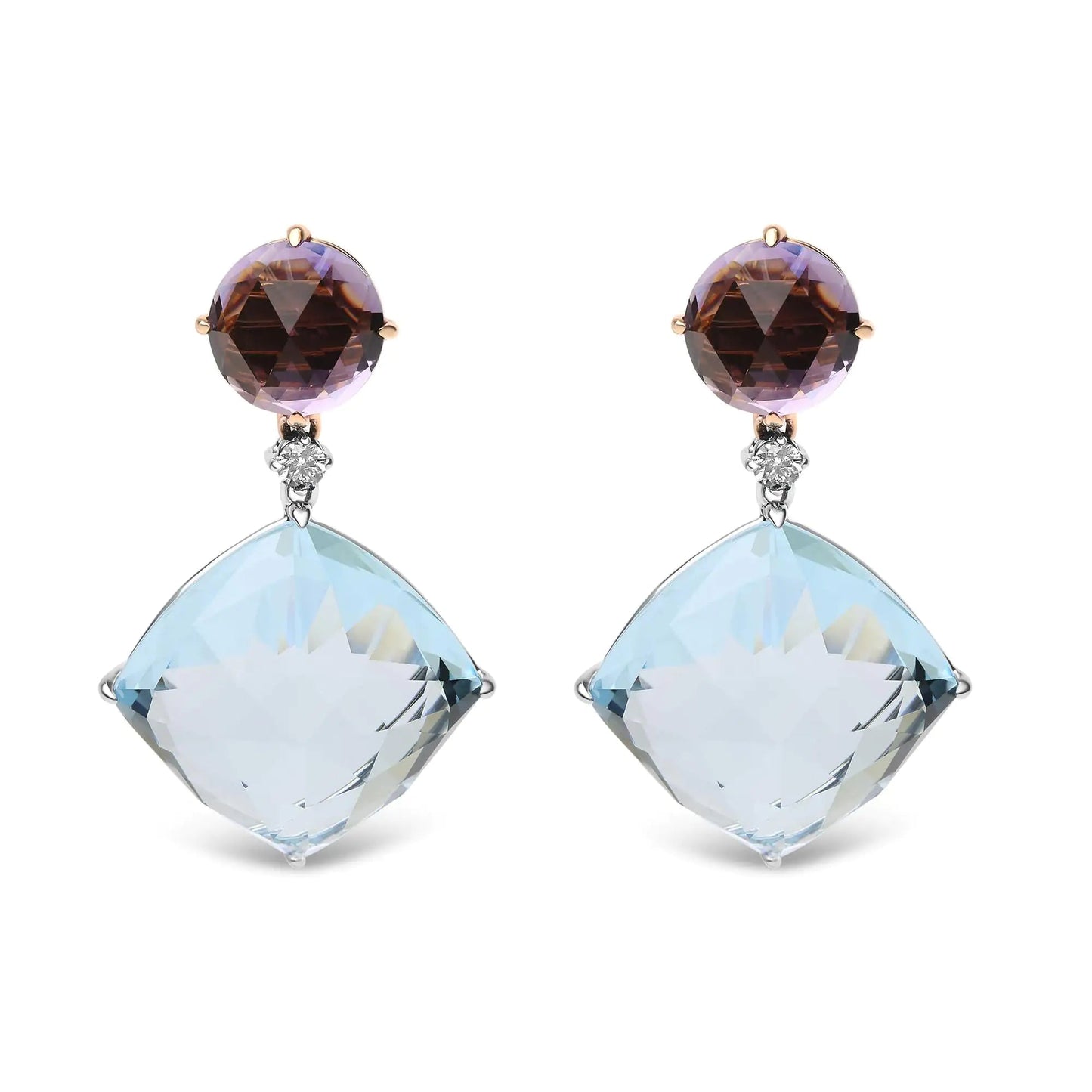 18K White and Rose Gold 1/5 Cttw Diamond with Round Pink Rose De France Amethyst and 25mm Cushion Cut Sky Blue Topaz Gemstone Dangle Earring (G - H Color, SI1 - SI2 Clarity) - Jaazi Intl