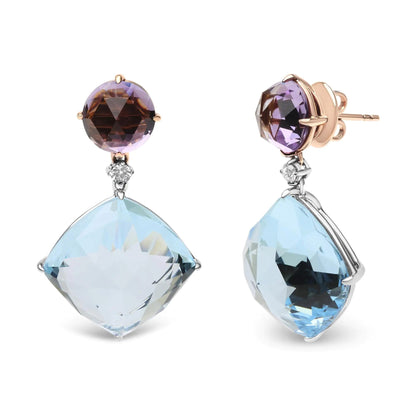 18K White and Rose Gold 1/5 Cttw Diamond with Round Pink Rose De France Amethyst and 25mm Cushion Cut Sky Blue Topaz Gemstone Dangle Earring (G - H Color, SI1 - SI2 Clarity) - Jaazi Intl