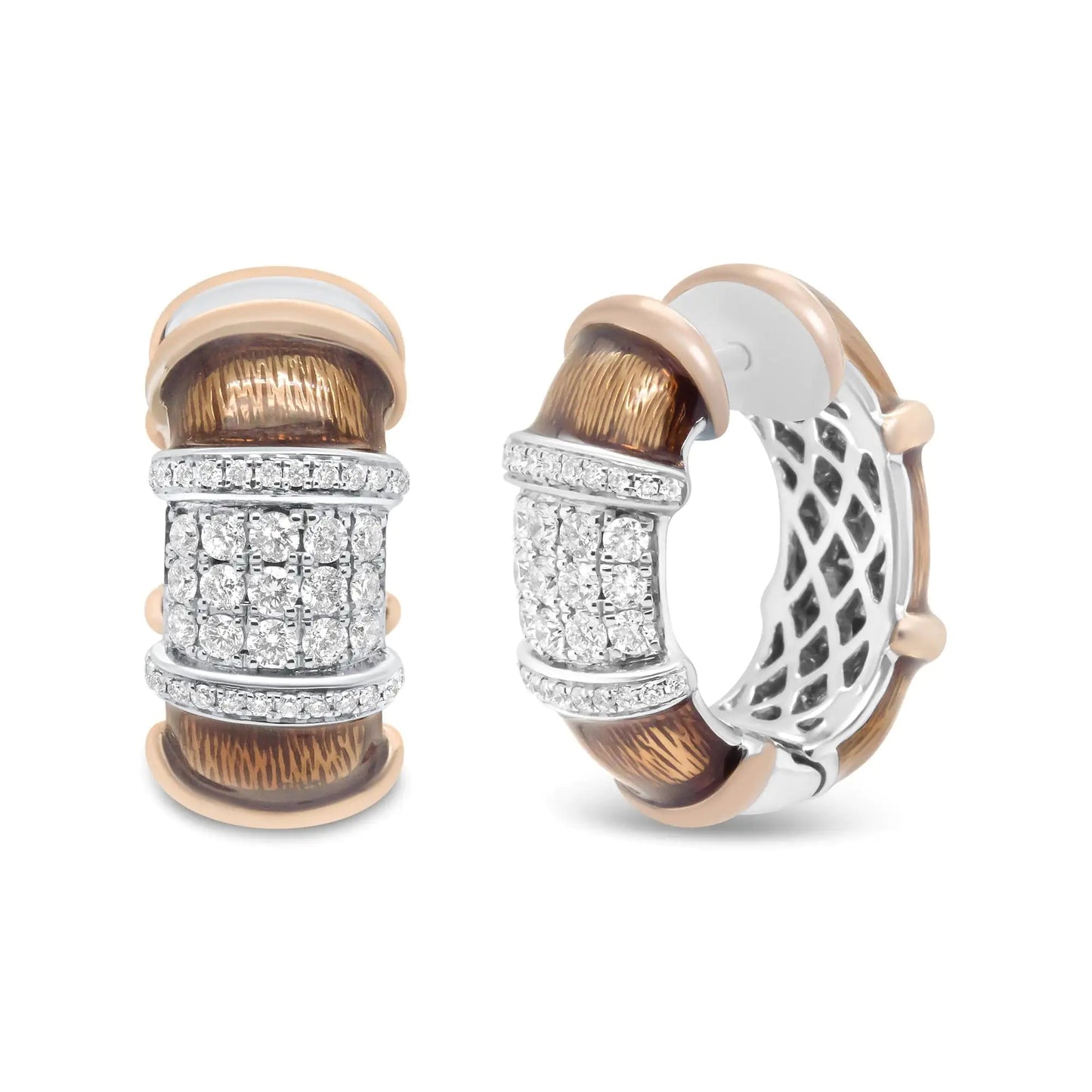 18K White and Rose Gold Flash Plated .925 Sterling Silver Clear Brown Enamel 1/6 Cttw Round Diamond Huggie Hoop Earrings (F - G Color, VS1 - VS2 Clarity) - Jaazi International