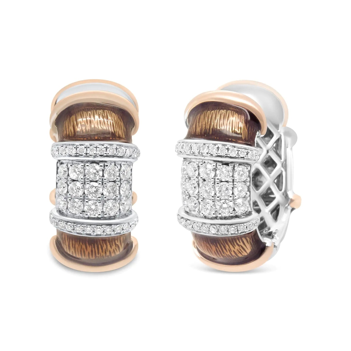 18K White and Rose Gold Flash Plated .925 Sterling Silver Clear Brown Enamel 1/6 Cttw Round Diamond Huggie Hoop Earrings (F - G Color, VS1 - VS2 Clarity) - Jaazi International