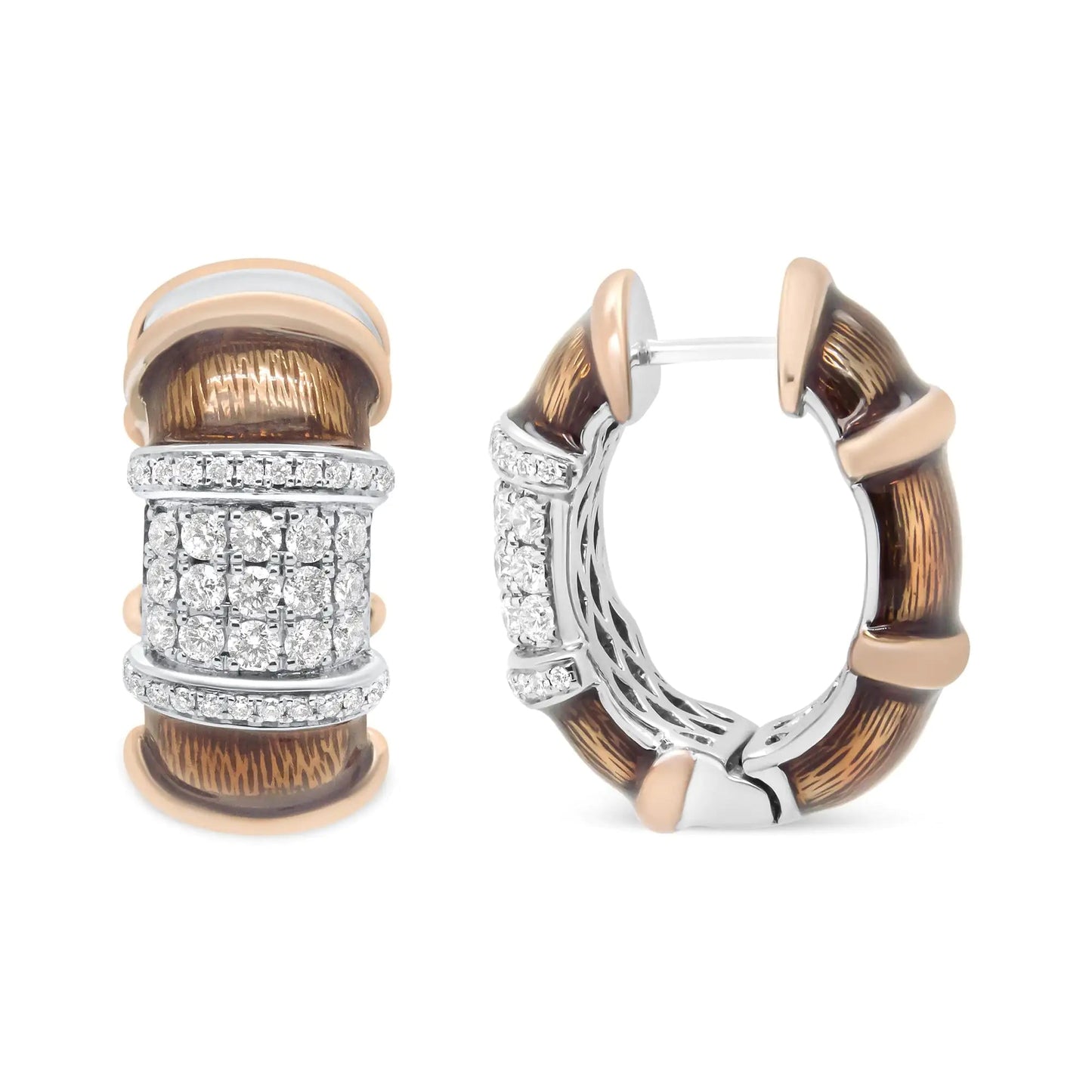 18K White and Rose Gold Flash Plated .925 Sterling Silver Clear Brown Enamel 1/6 Cttw Round Diamond Huggie Hoop Earrings (F - G Color, VS1 - VS2 Clarity) - Jaazi International