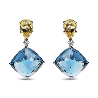 18K White and Yellow Gold 1/5 Cttw Diamond with Pear Cut Lemon Quartz, and Cushion Cut London Blue Topaz Gemstone Dangle Earring (G - H Color, SI1 - SI2 Clarity) - Jaazi Intl