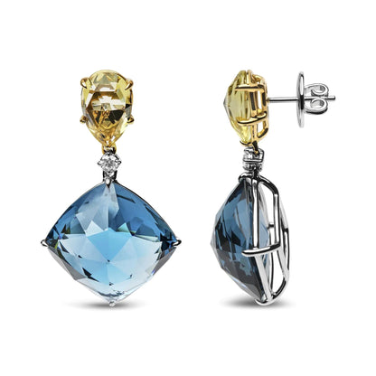 18K White and Yellow Gold 1/5 Cttw Diamond with Pear Cut Lemon Quartz, and Cushion Cut London Blue Topaz Gemstone Dangle Earring (G - H Color, SI1 - SI2 Clarity) - Jaazi Intl