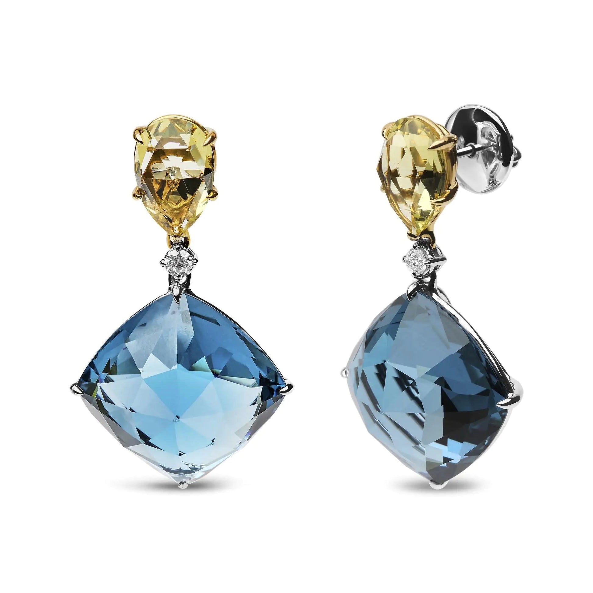 18K White and Yellow Gold 1/5 Cttw Diamond with Pear Cut Lemon Quartz, and Cushion Cut London Blue Topaz Gemstone Dangle Earring (G - H Color, SI1 - SI2 Clarity) - Jaazi Intl