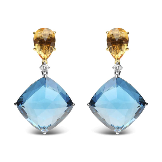 18K White and Yellow Gold 1/6 Cttw Diamond with Pear Cut Yellow Citrine and 20mm Cushion Cut Blue Topaz Gemstone Dangle Earrings (G - H Color, SI1 - SI2 Clarity) - Jaazi Intl