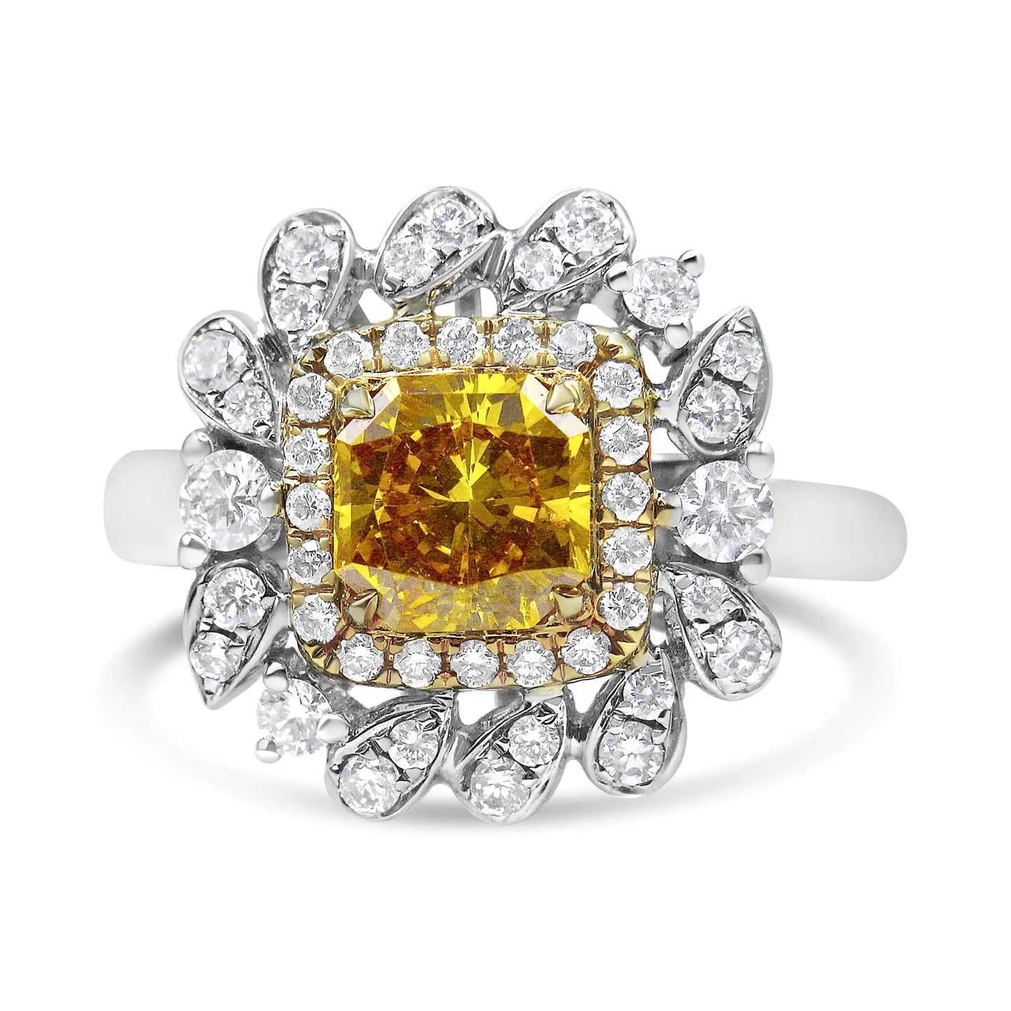 18K White and Yellow Gold 1.76 Cttw Yellow Radiant Lab Grown Center Diamond Double Halo Cocktail Ring (Yellow/G - H Color, VS1 - VS2 Clarity) - Jaazi Intl