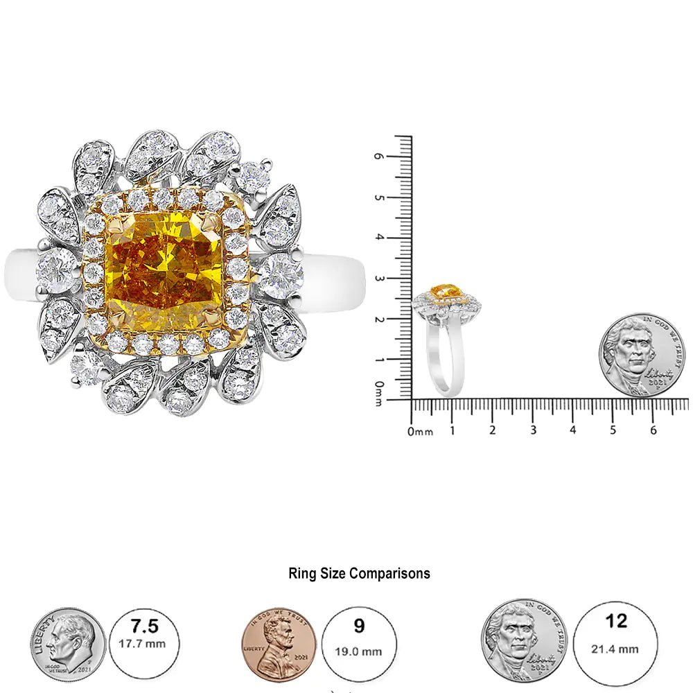 18K White and Yellow Gold 1.76 Cttw Yellow Radiant Lab Grown Center Diamond Double Halo Cocktail Ring (Yellow/G - H Color, VS1 - VS2 Clarity) - Jaazi Intl