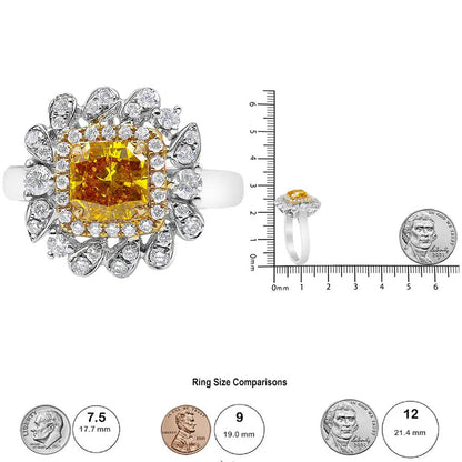 18K White and Yellow Gold 1.76 Cttw Yellow Radiant Lab Grown Center Diamond Double Halo Cocktail Ring (Yellow/G - H Color, VS1 - VS2 Clarity) - Jaazi Intl