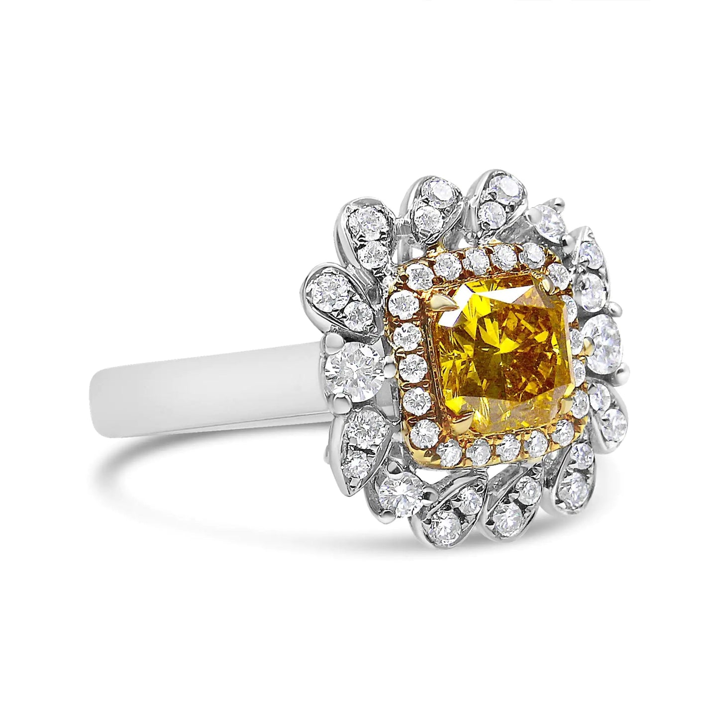 18K White and Yellow Gold 1.76 Cttw Yellow Radiant Lab Grown Center Diamond Double Halo Cocktail Ring (Yellow/G - H Color, VS1 - VS2 Clarity) - Jaazi Intl