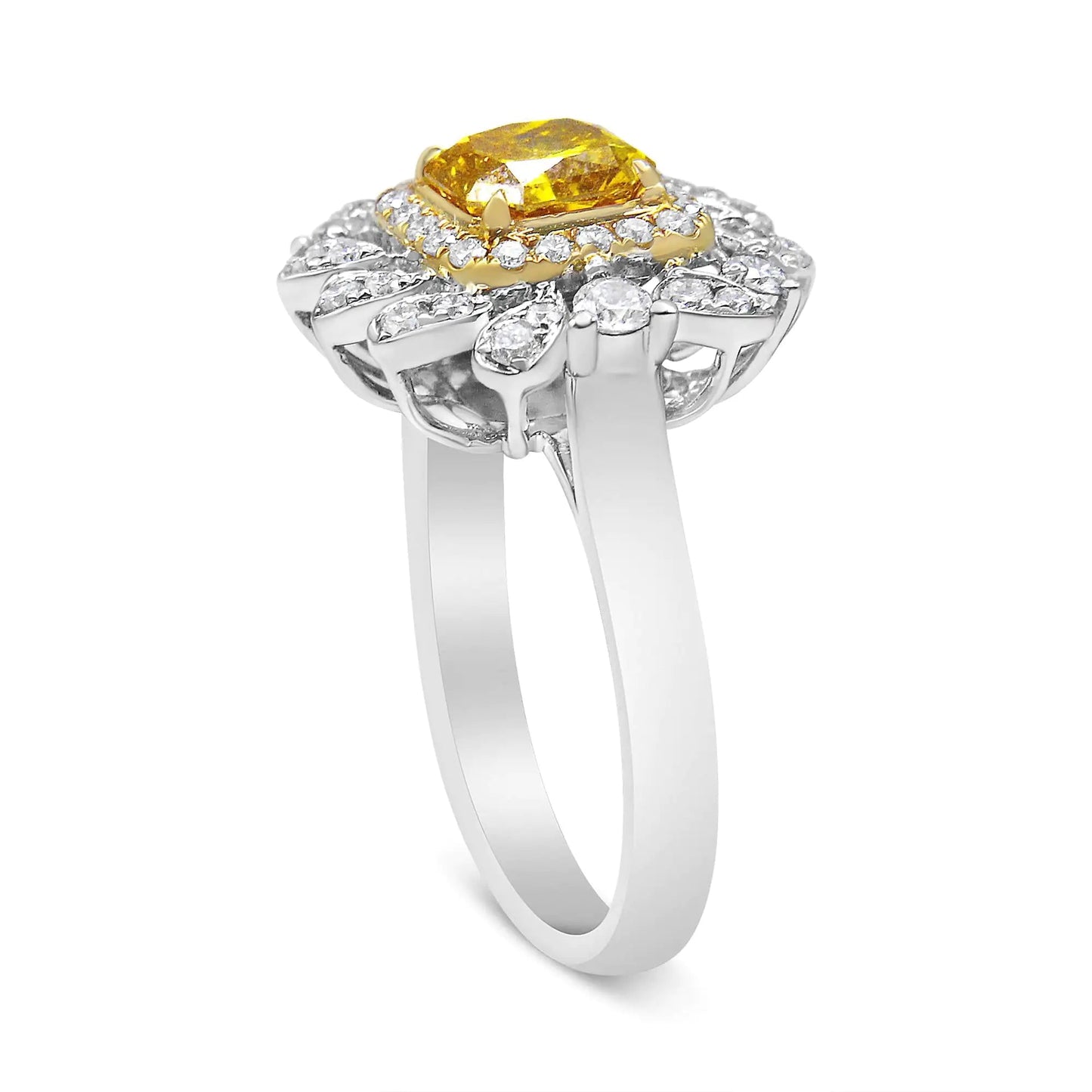 18K White and Yellow Gold 1.76 Cttw Yellow Radiant Lab Grown Center Diamond Double Halo Cocktail Ring (Yellow/G - H Color, VS1 - VS2 Clarity) - Jaazi Intl