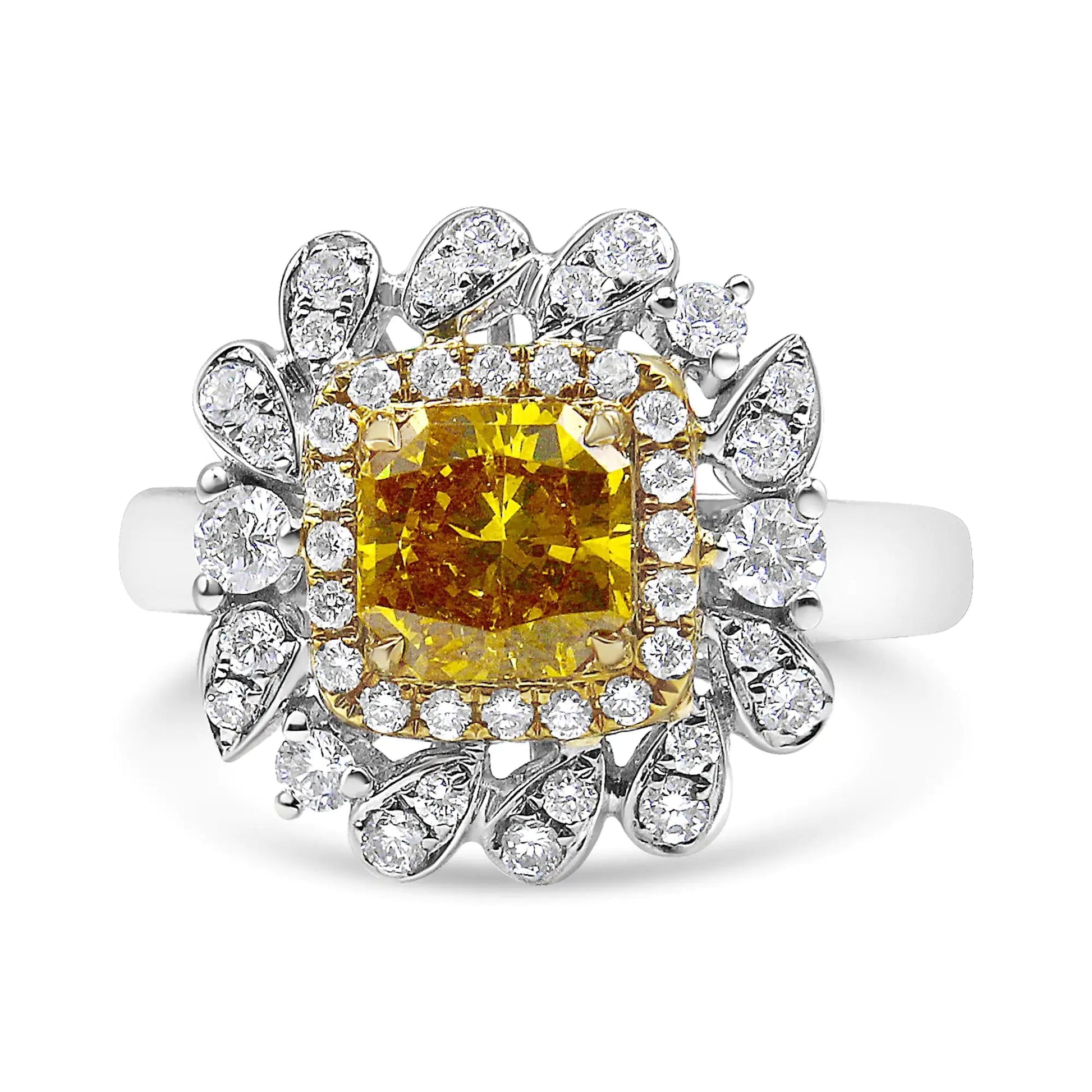 18K White and Yellow Gold 1.76 Cttw Yellow Radiant Lab Grown Center Diamond Double Halo Cocktail Ring (Yellow/G - H Color, VS1 - VS2 Clarity) - Jaazi Intl