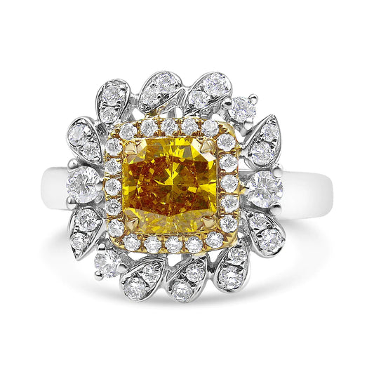 18K White and Yellow Gold 1.76 Cttw Yellow Radiant Lab Grown Center Diamond Double Halo Cocktail Ring (Yellow/G - H Color, VS1 - VS2 Clarity) - Jaazi Intl