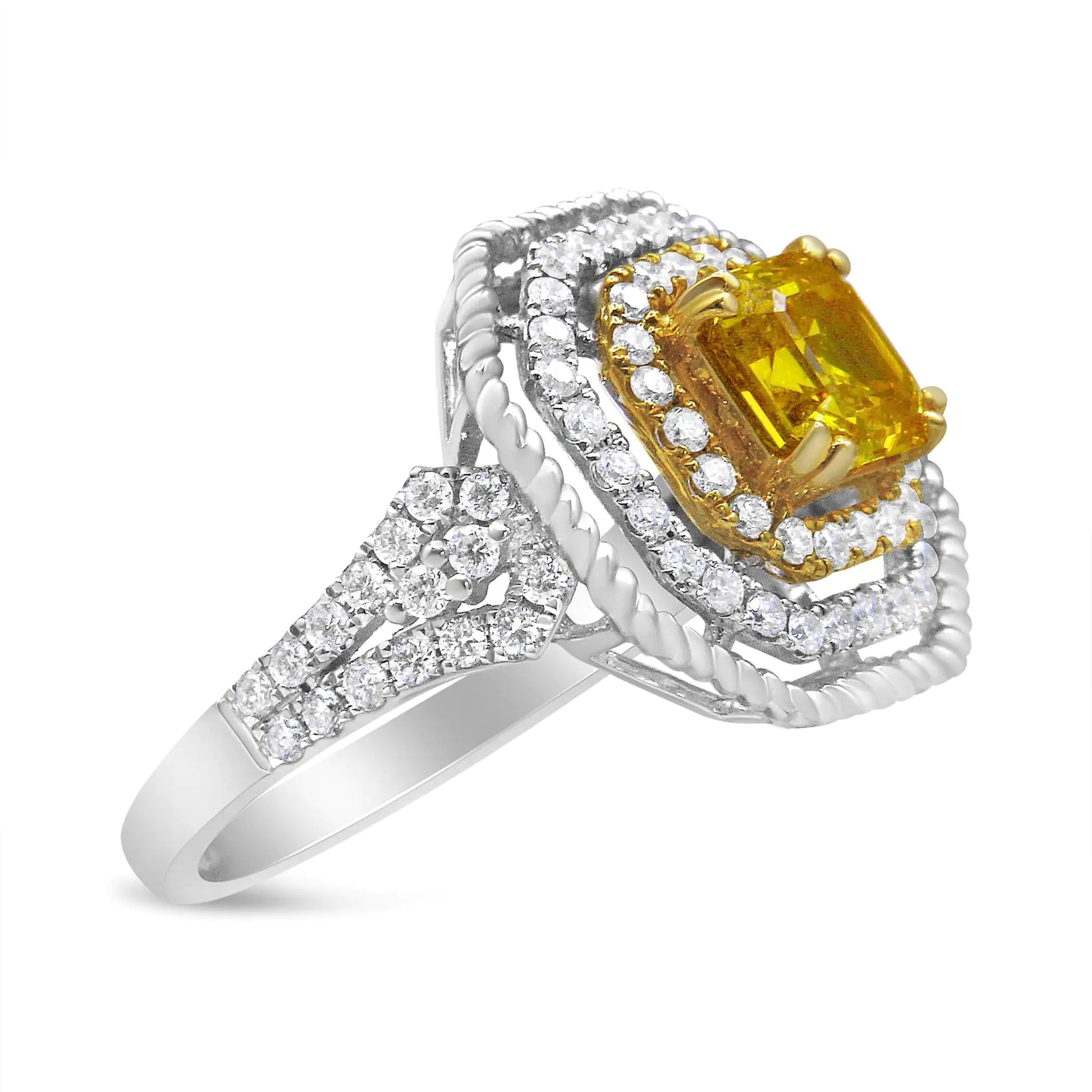 18K White and Yellow Gold 2 1/5 Cttw Lab Grown Yellow Asscher Diamond Double Halo Art Deco Cocktail Ring (Yellow/G - H Color, VS1 - VS2 Clarity) - Jaazi Intl