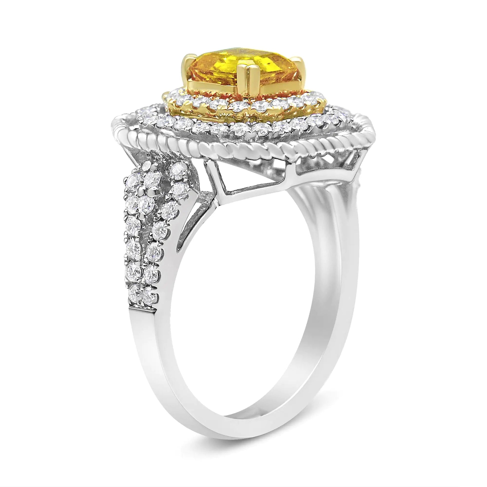 18K White and Yellow Gold 2 1/5 Cttw Lab Grown Yellow Asscher Diamond Double Halo Art Deco Cocktail Ring (Yellow/G - H Color, VS1 - VS2 Clarity) - Jaazi Intl