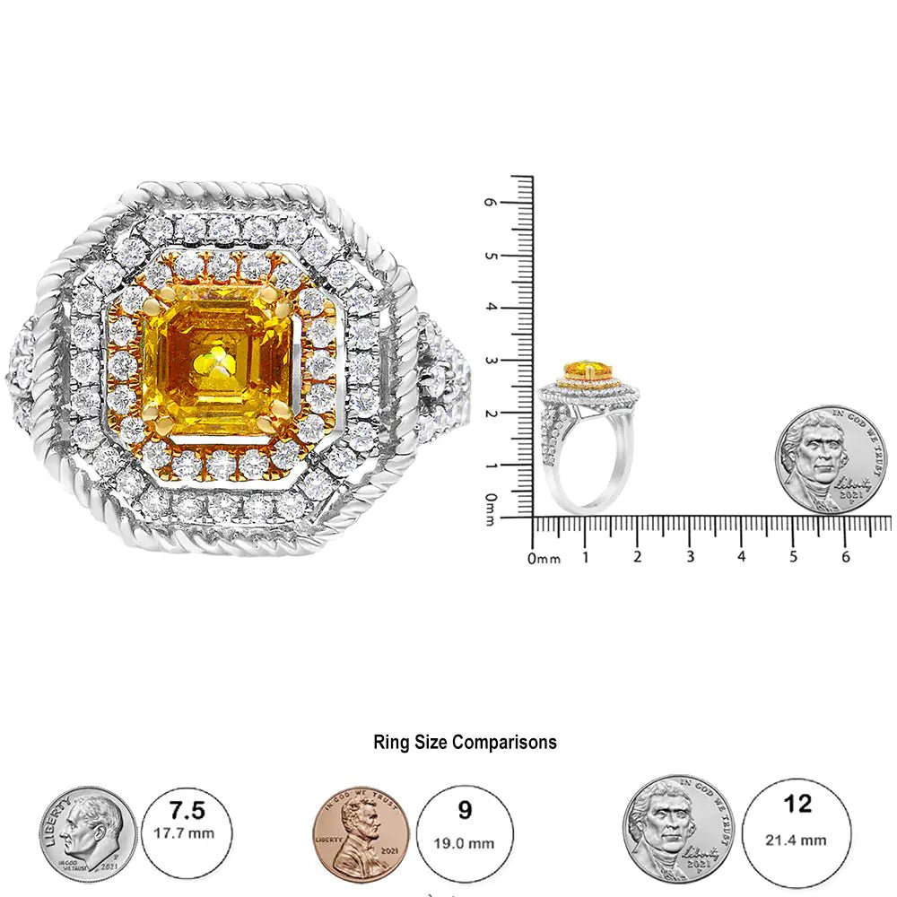 18K White and Yellow Gold 2 1/5 Cttw Lab Grown Yellow Asscher Diamond Double Halo Art Deco Cocktail Ring (Yellow/G - H Color, VS1 - VS2 Clarity) - Jaazi Intl