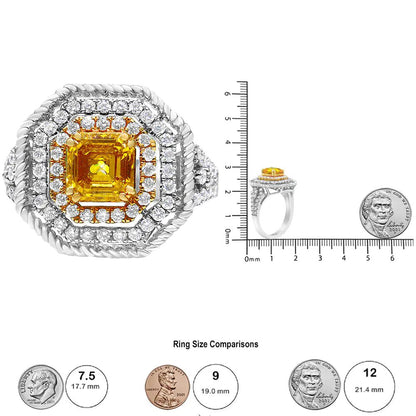 18K White and Yellow Gold 2 1/5 Cttw Lab Grown Yellow Asscher Diamond Double Halo Art Deco Cocktail Ring (Yellow/G - H Color, VS1 - VS2 Clarity) - Jaazi Intl