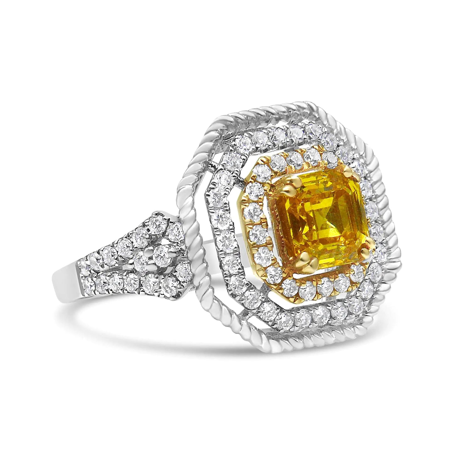 18K White and Yellow Gold 2 1/5 Cttw Lab Grown Yellow Asscher Diamond Double Halo Art Deco Cocktail Ring (Yellow/G - H Color, VS1 - VS2 Clarity) - Jaazi Intl