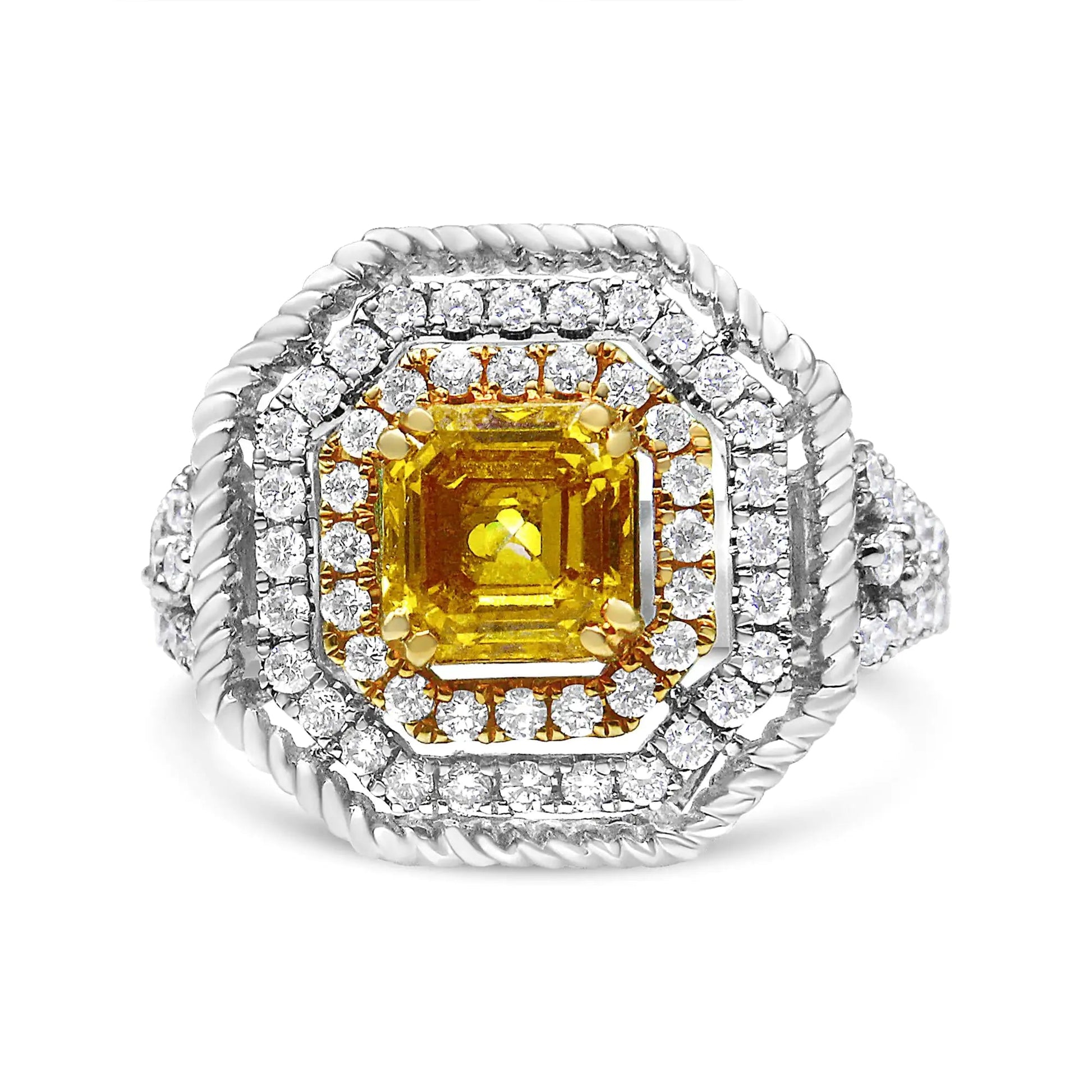 18K White and Yellow Gold 2 1/5 Cttw Lab Grown Yellow Asscher Diamond Double Halo Art Deco Cocktail Ring (Yellow/G - H Color, VS1 - VS2 Clarity) - Jaazi Intl