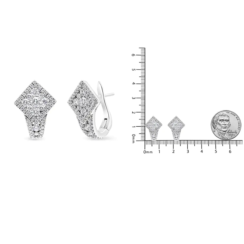 18K White Gold 1 1/10 Cttw Round Diamond Cluster with Halo Hoop Huggie Earring (F - G Color, VS1 - VS2 Clarity) - Jaazi International