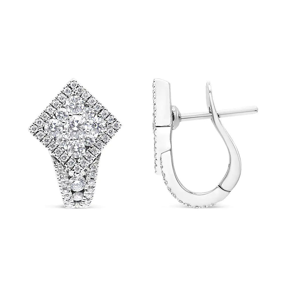 18K White Gold 1 1/10 Cttw Round Diamond Cluster with Halo Hoop Huggie Earring (F - G Color, VS1 - VS2 Clarity) - Jaazi International