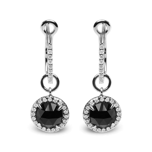 18K White Gold 1/3 Cttw Diamond and 7mm Round Black Onyx Gemstone Halo Dangle Hoop Earrings (G - H Color, SI1 - SI2 Clarity) - Jaazi Intl