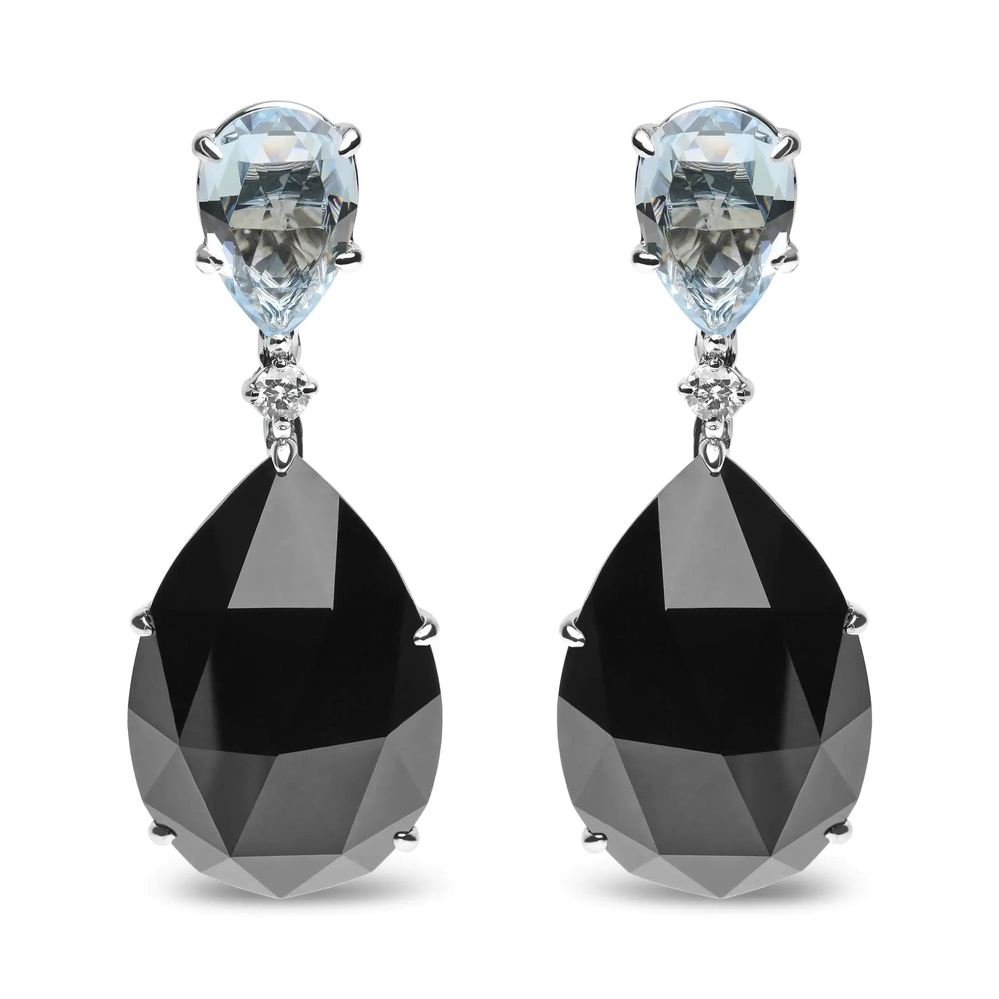 18K White Gold 1/5 Cttw Diamond with Pear Cut Sky Blue Topaz and Pear - Cut Black Onyx Gemstone Dangle Earring (G - H Color, SI1 - SI2 Clarity) - Jaazi Intl