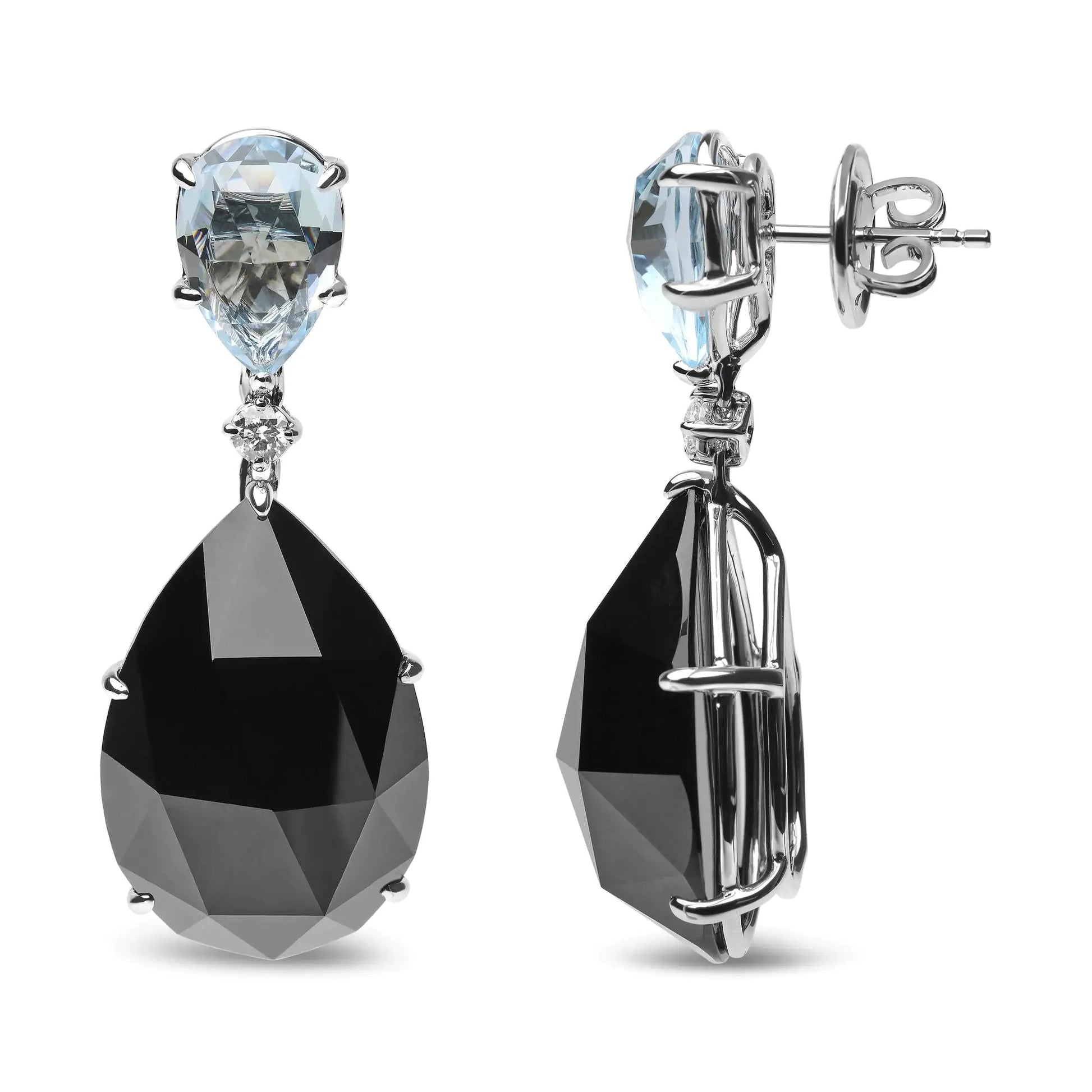 18K White Gold 1/5 Cttw Diamond with Pear Cut Sky Blue Topaz and Pear - Cut Black Onyx Gemstone Dangle Earring (G - H Color, SI1 - SI2 Clarity) - Jaazi Intl